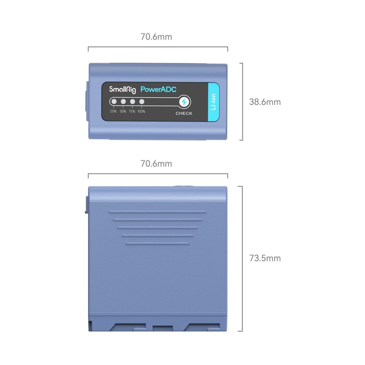 SmallRig 4267 NP-F970 USB-C (Sony) aufladbare Kamerabatterie - Maßzeichnungen des SmallRig PowerADC Akkus: Oberseite mit Ladestandsanzeige & Seitenansicht.