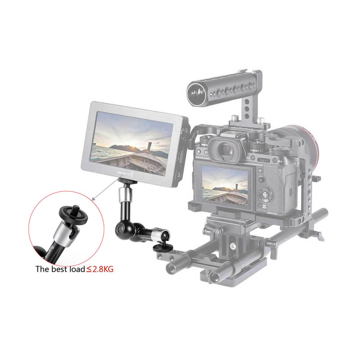 SmallRig 2065B Gelenkarm - Anwendungsbeispiel: Gelenkarm am Kamera-Rig mit Monitor, Detailansicht Traglast ≤2.8KG