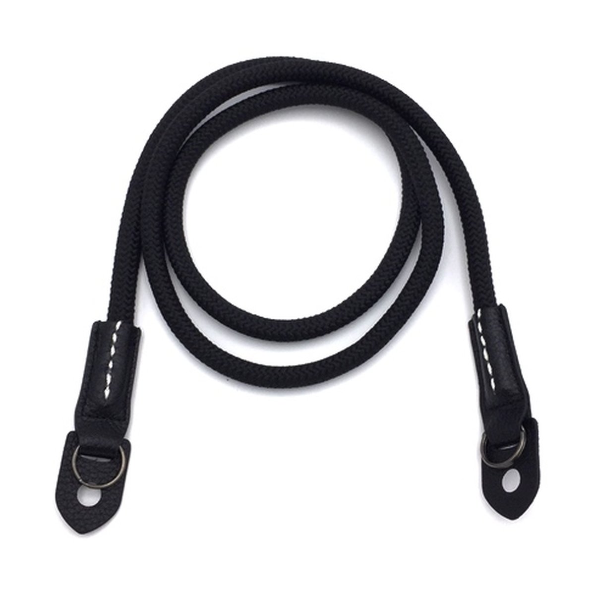 Caruba Climbing Rope Neckstrap (Schwarz) - Produktansicht: Schwarzer Kameragurt aus geflochtenem Seil mit Lederenden
