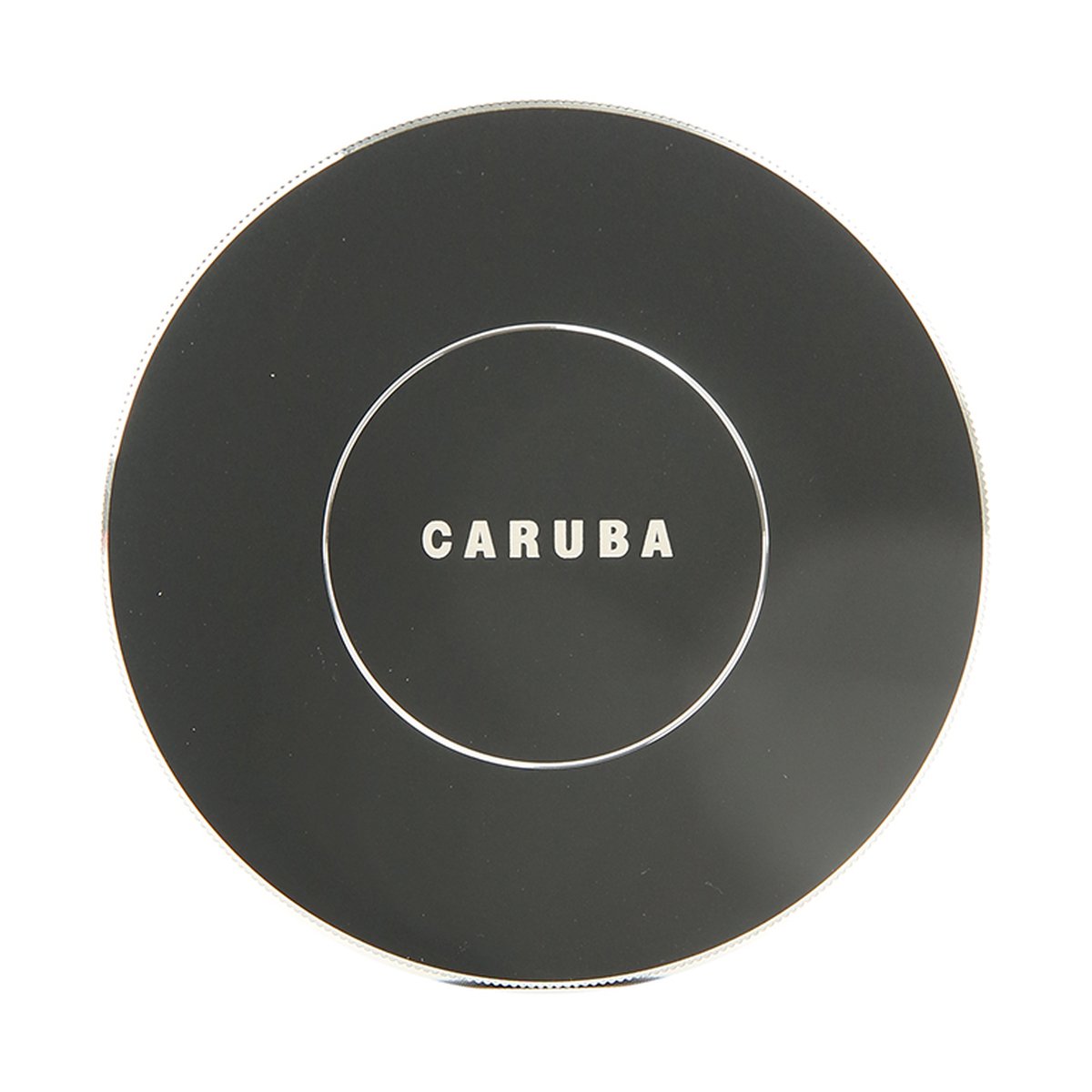 Caruba Metall Filter-Aufbewahrungsset 58mm - Detailansicht: Schwarzer, runder Objektivdeckel mit CARUBA-Logo