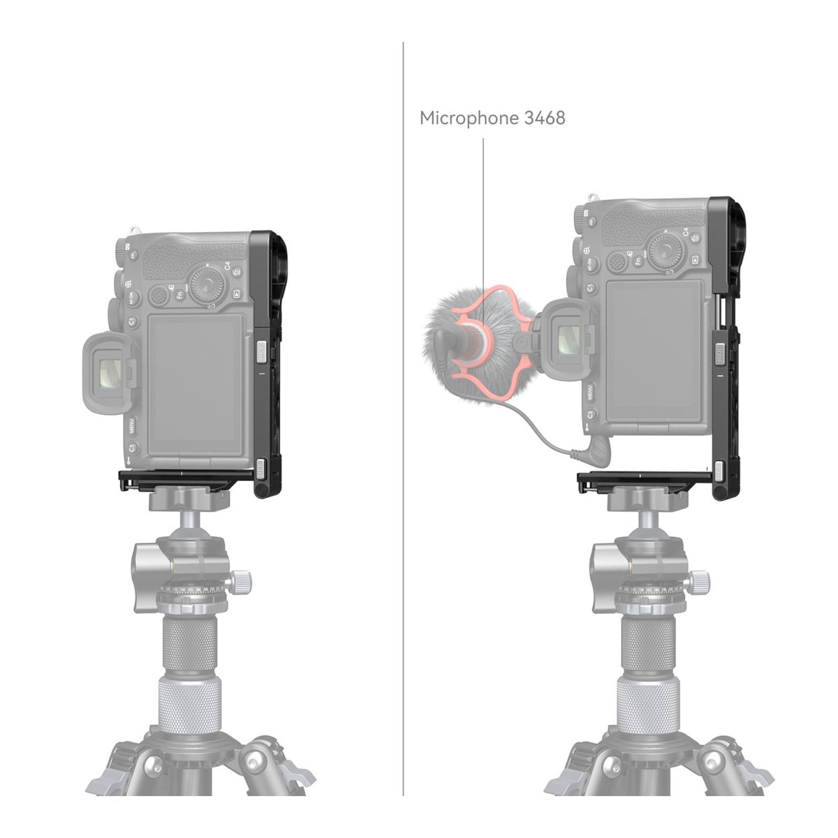 SmallRig 3984 faltbares L-Bracket für Sony A7R V / A7 IV / A7S III - Anwendungsbeispiel: Kamera-Rig auf Stativ mit/ohne Mikrofon 3468, Seitenansicht