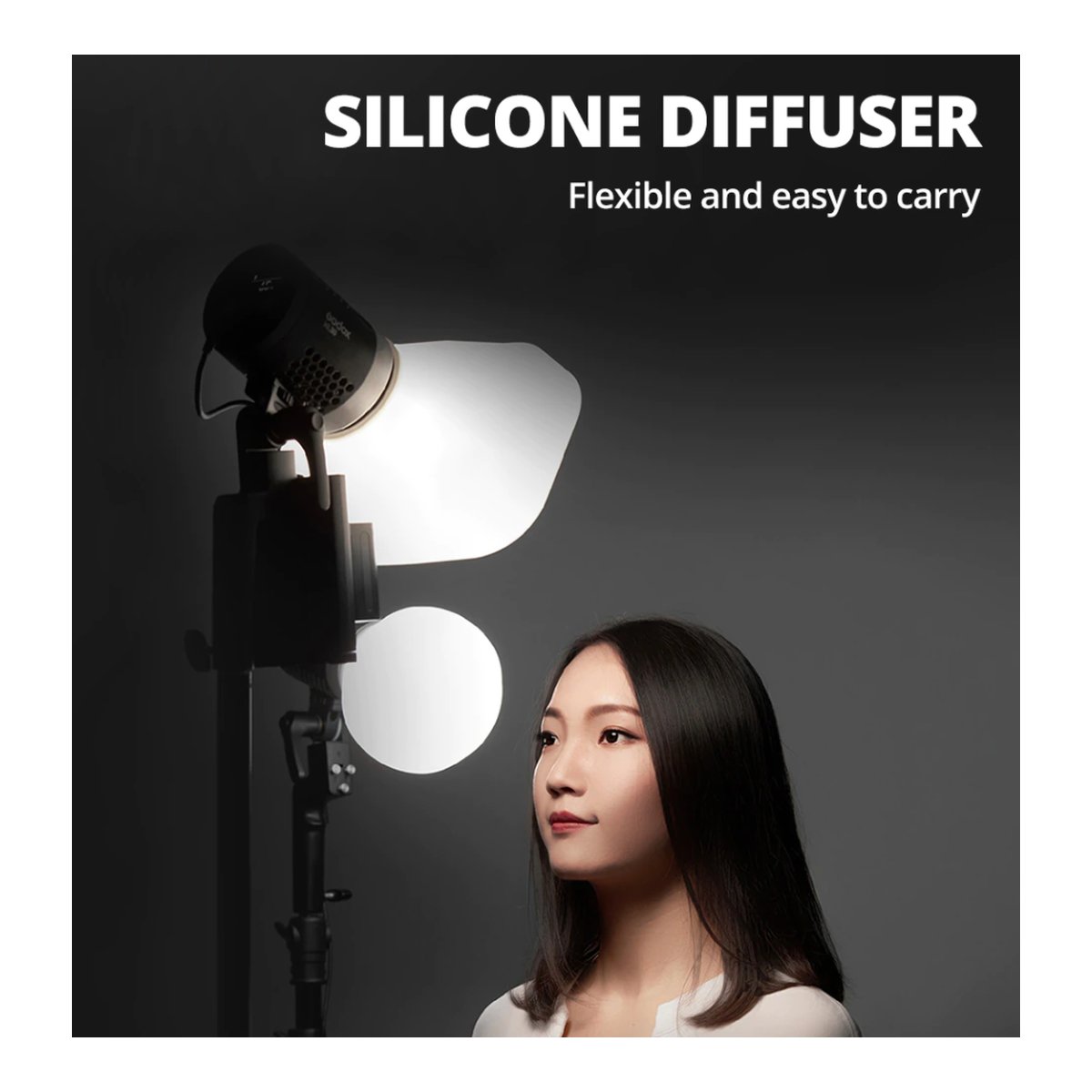 Godox Diffusionskuppel ML-CD15 - Anwendungsbeispiel: Silikon-Diffusor an Studioleuchte beleuchtet Modell