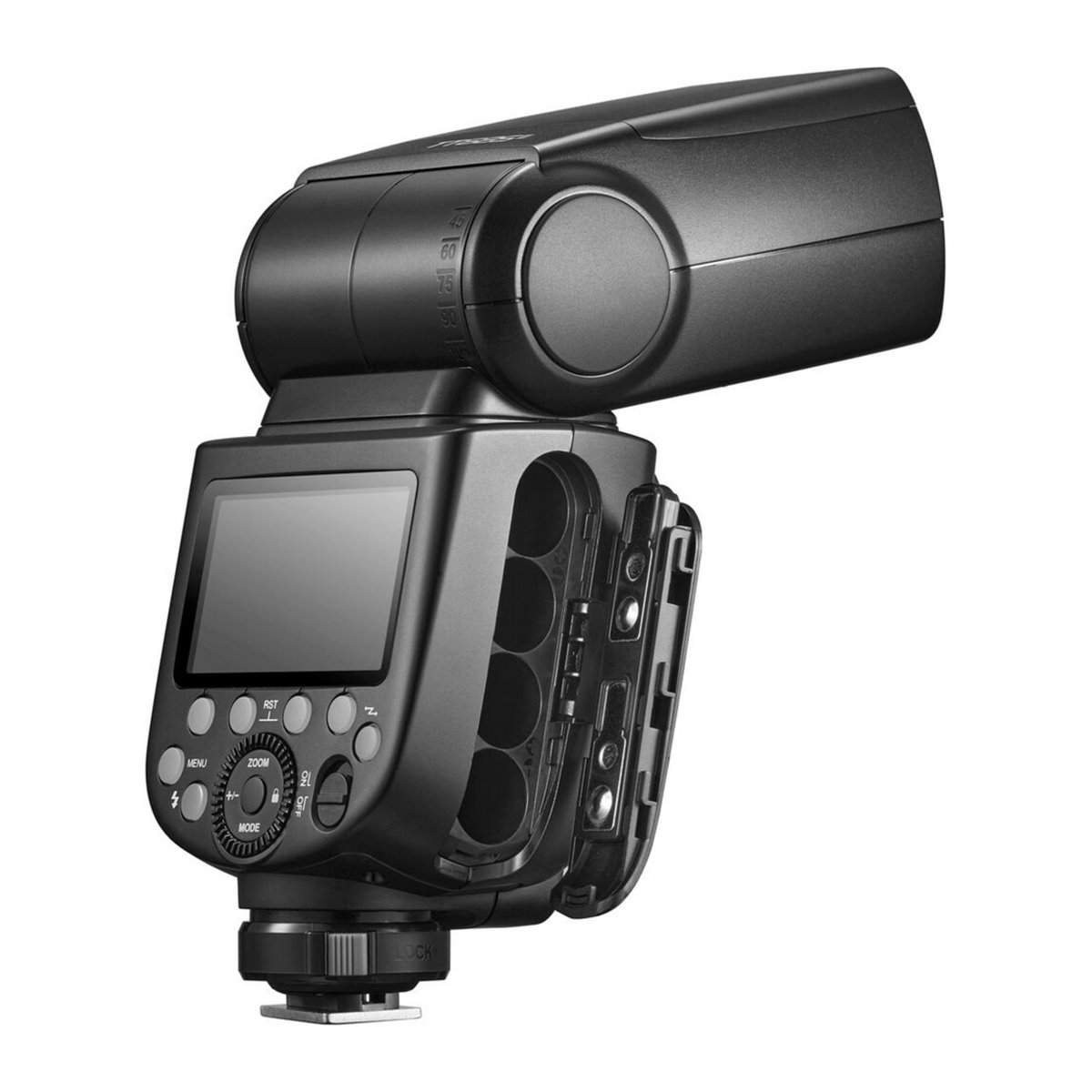 Godox Speedlite TT685 II Nikon Off Camera Kit - Detailansicht: Schwarzer Kamerablitz mit schrägem Kopf, offenem Batteriefach und Bedienfeld.
