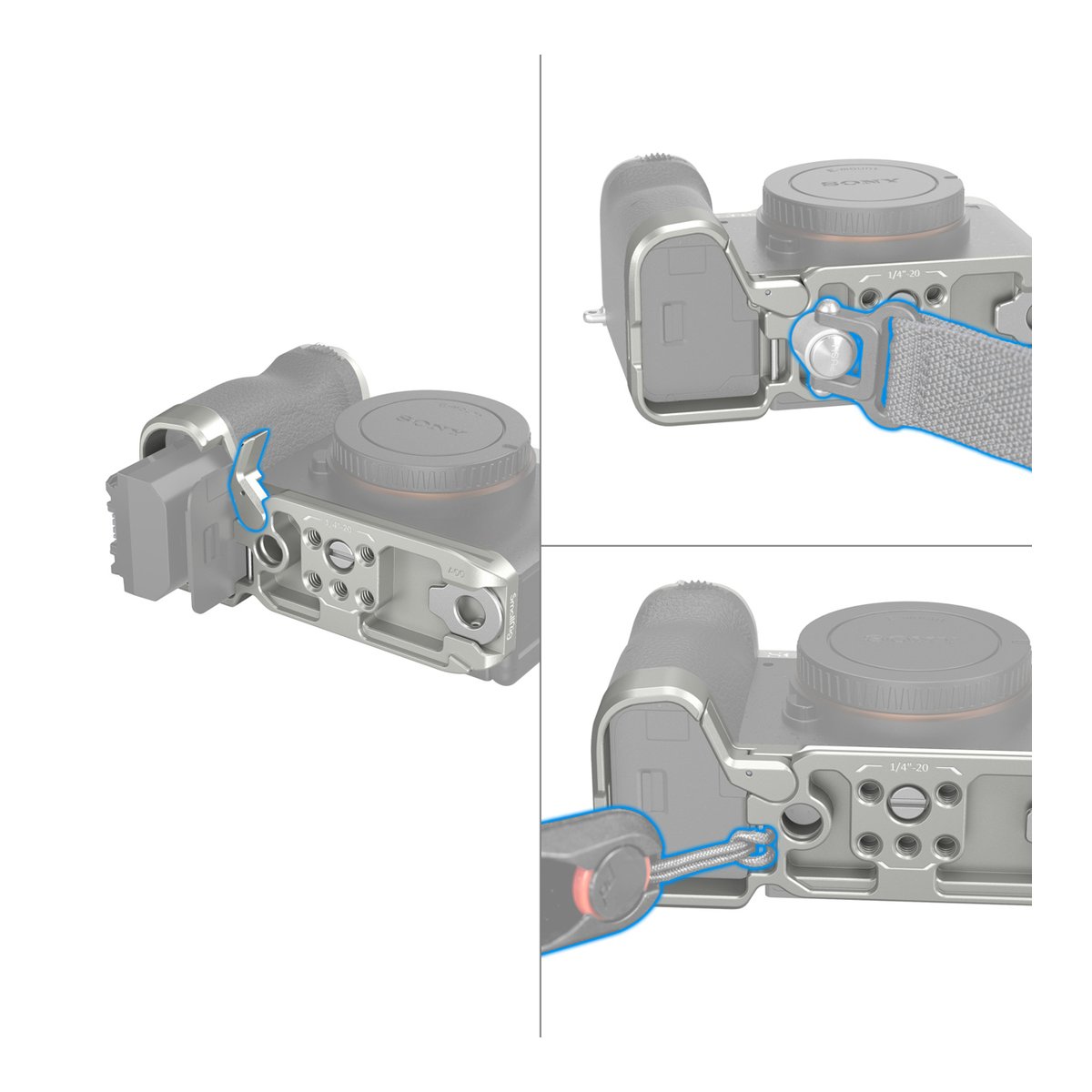 SmallRig 4439 Bottom Mount Plate für Sony Alpha 7C II / Alpha 7CR (silver) - Drei Detailansichten des Kameracages: Akku-Zugang und verschiedene Befestigungsmöglichkeiten für Gurte.