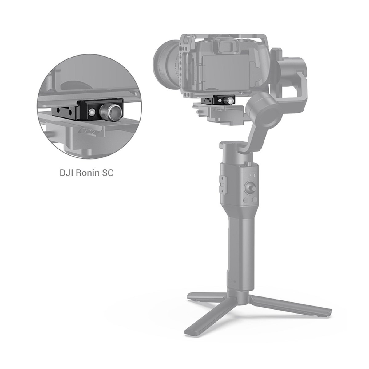 SmallRig 2506 Arca-Type QR Clamp für DJI Ronin S/SC, Zhiyun Cran-W Serie - Detailansicht des Zubehörs auf der Kameraplatte des DJI Ronin SC Gimbals SmallRig 2506 Arca-Type QR Clamp für DJI Ronin S/SC, Zhiyun Cran-W Serie - Detailansicht des Zubehörs auf der Kameraplatte des DJI Ronin SC Gimbals