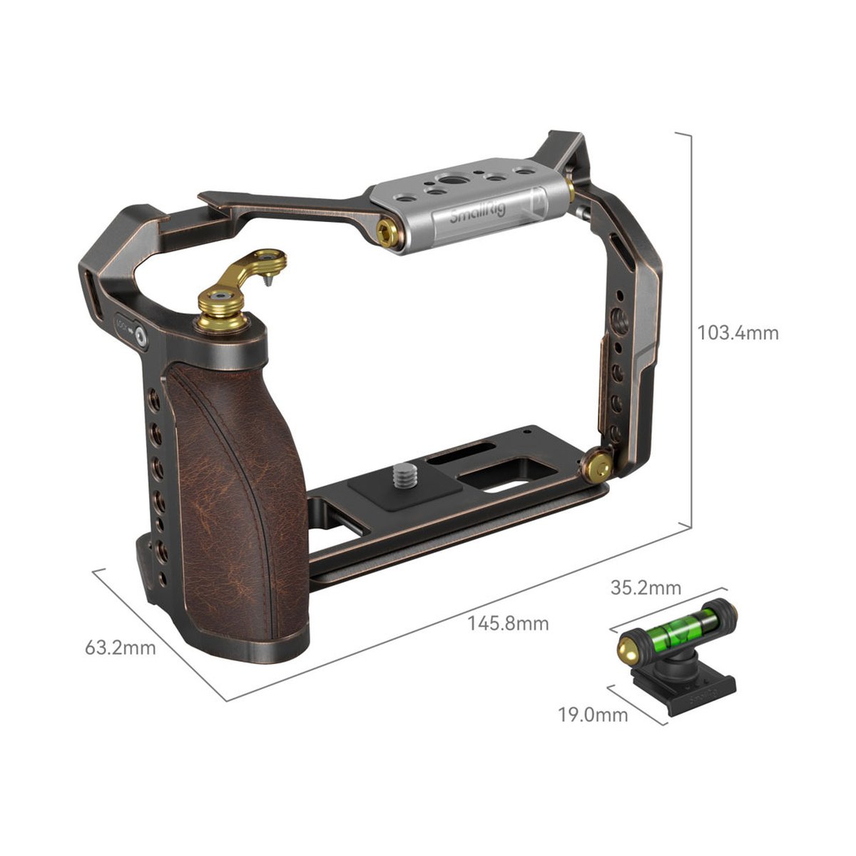 SmallRig 3870 Retro Cage für Fujifilm X-T5 - Produktdarstellung des Kamerakäfigs mit Top-Handle, Abmessungen und Libelle.
