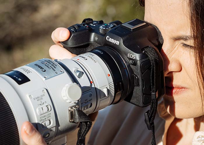 Canon EOS R7 Systemkamera mit Teleobjektiv und RF Adapter im Einsatz