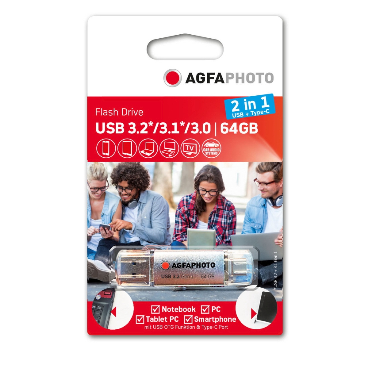 AgfaPhoto USB-Stick 64 GB USB 3.0 2In1 Silber