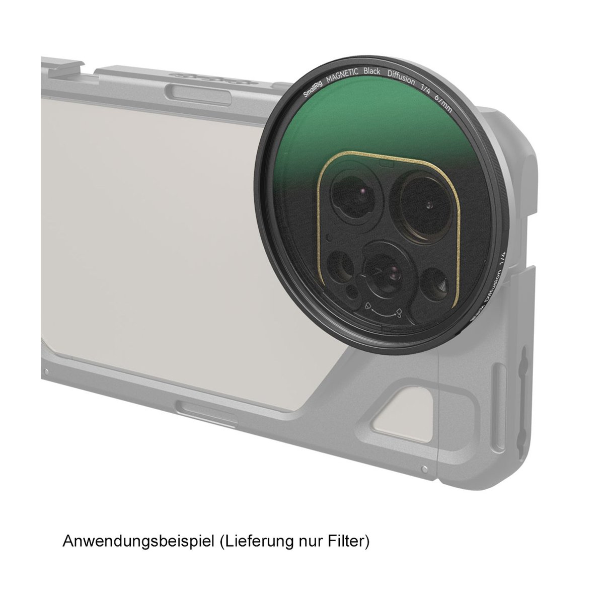 SmallRig 4583 Attachable 1/4 Effect Black Mist Filter 67 mm - Anwendungsbeispiel: SmallRig Black Diffusion Filter auf Smartphone-Kamera im Käfig.