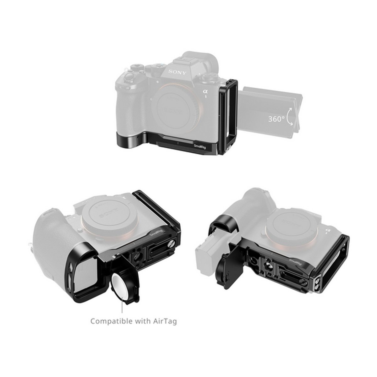 SmallRig 5188 L-förmige Montageplatte für Sony Alpha 1 II/Alpha 9III - Detailansicht Kamerakäfig: 360° drehbares Display & AirTag-Fach.