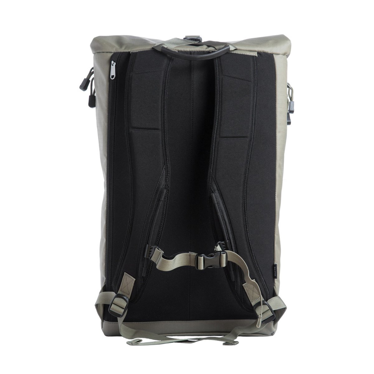 F-Stop Dalston Aloe (Olivgrün) - Rückansicht des beigen Rucksacks mit schwarzen Schultergurten, Rückenpolsterung und Taillengurten.