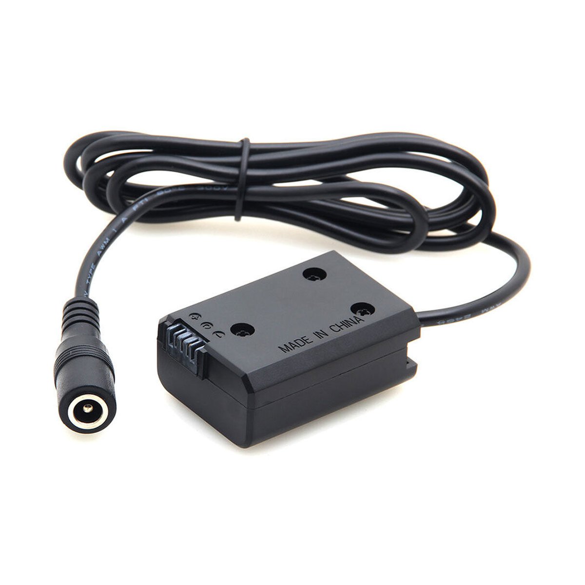 Caruba Sony NP-FW50 Volldecodierung Dummy-Batterie (gerades Kabel) - Produktansicht: Schwarzes Netzkabel mit DC-Stecker und Steuerungsmodul