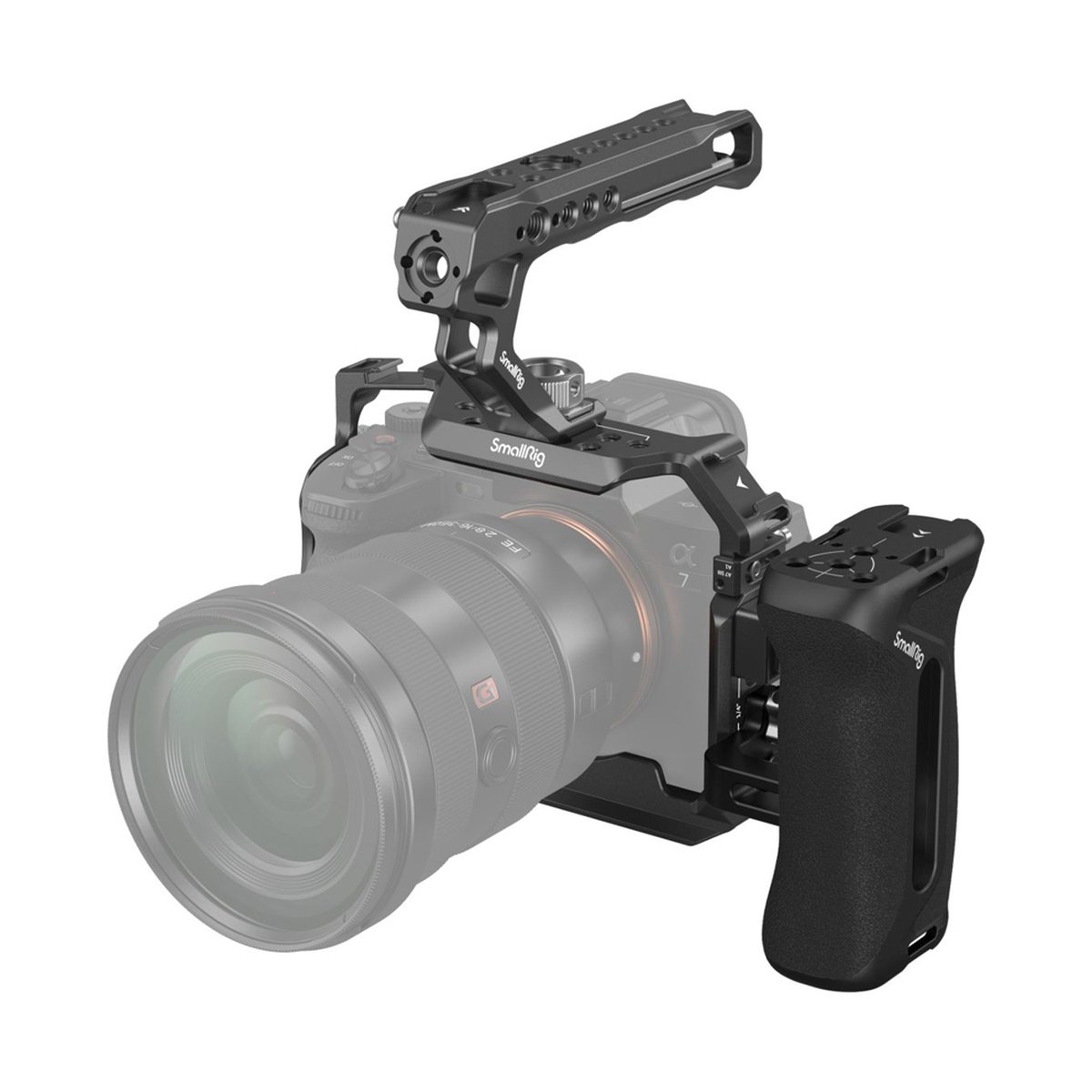 SmallRig 3669C Advanced Kit für Sony Alpha 7R V / 7 IV / 7S III - Gesamtansicht des SmallRig Kamera-Cages mit Top- und Side-Handle an einer Kamera mit Objektiv