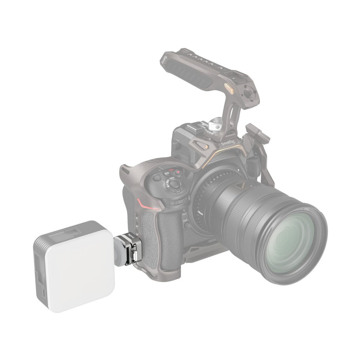 SmallRig 4500 HawkLock H18 QR Support mit Cold Shoe - Anwendungsbeispiel: Kamera-Rig mit seitlich montiertem LED-Licht.