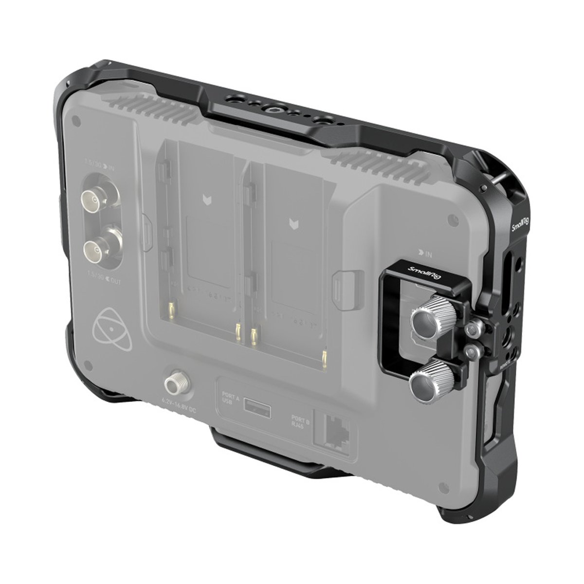SmallRig 3456 Atomos Shinobi 7 Cage Kit - Rückansicht des Monitors mit SmallRig-Cage und Anschlüssen.