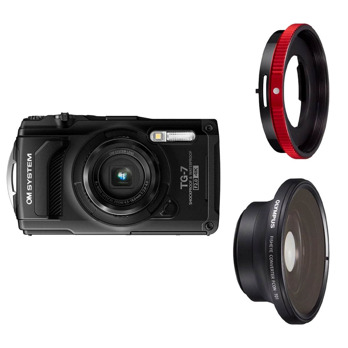 OM System TG-7 Kamera Special Edition Schwarz + FCON-T01 Fisheye Konverter + CLA-T01 Konverter-Adapter