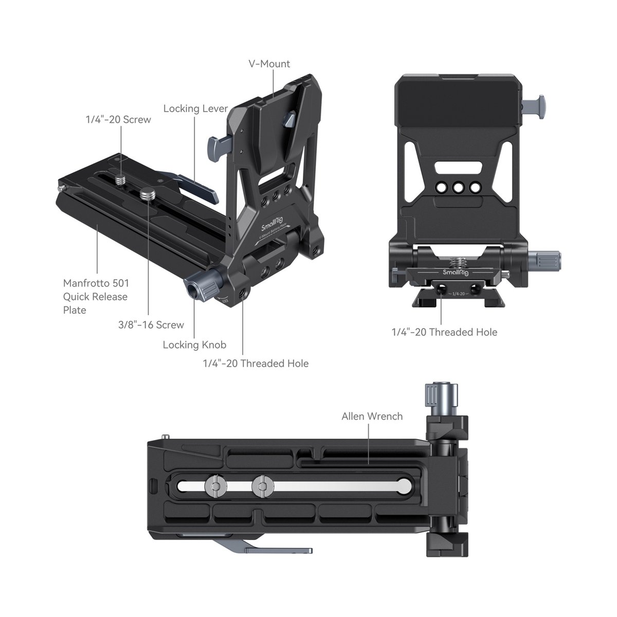 SmallRig 4323 V-Mount Battery Mount Plate Kit für Cinema Cameras - Detailansicht mit Beschriftungen