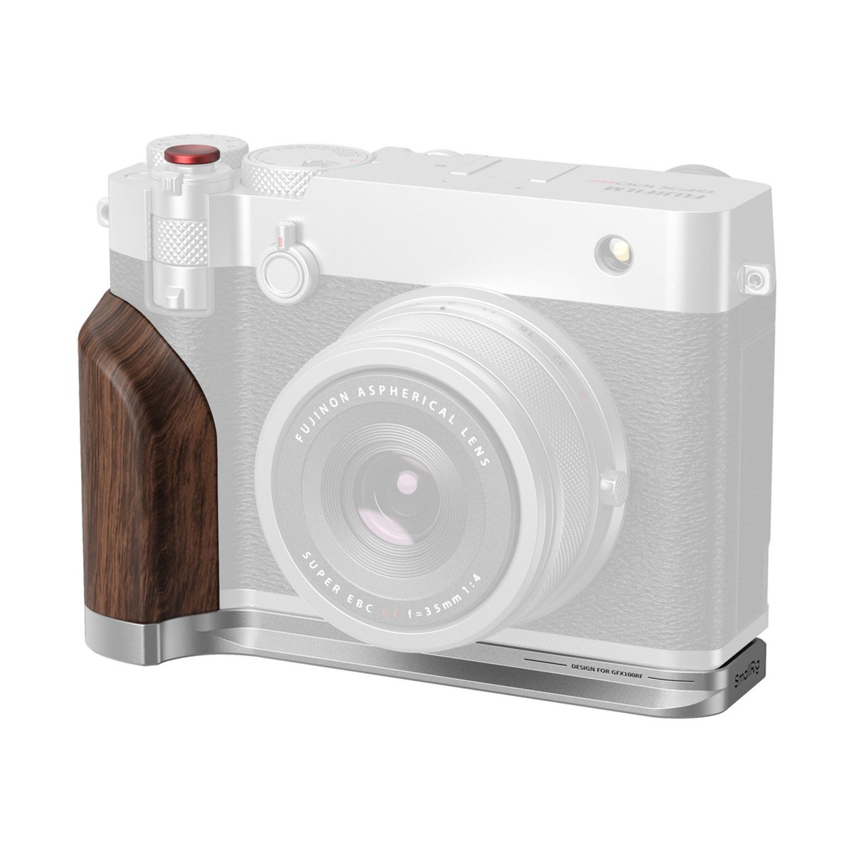 SmallRig 5265 L-Shape Mount Plate mit Holzgriff für Fujifilm GFX100RF silber - Montierter Holzhandgriff mit Bodenplatte an einer Kamera (Frontansicht)