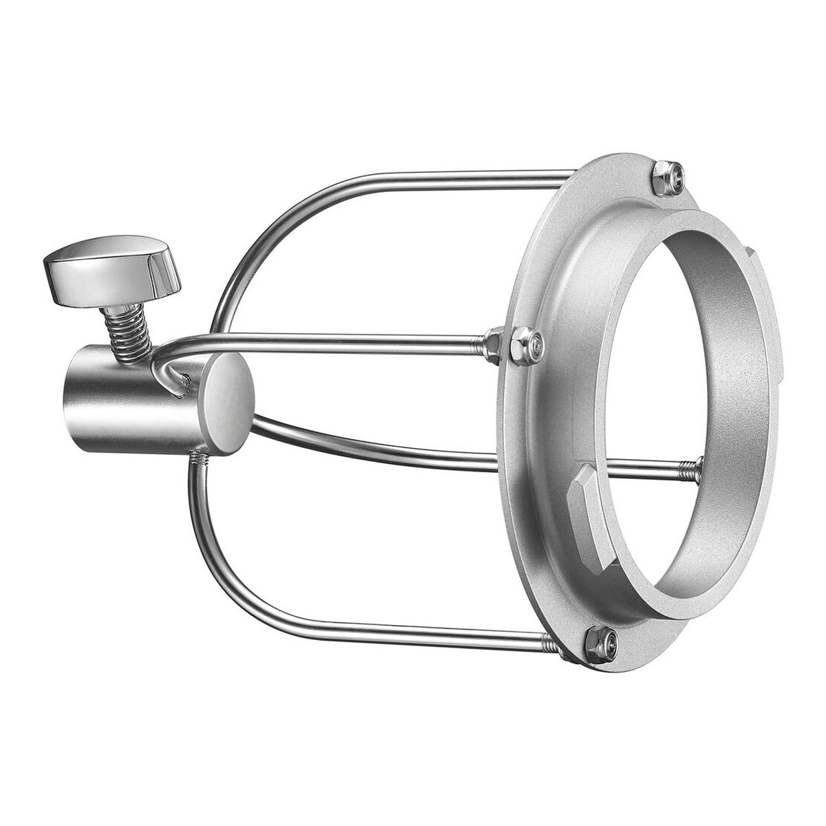 Godox Strobe Adapter Broncolor Mount - Vollansicht: Silberne Metallhalterung mit Einstellschraube und rundem Befestigungsring.