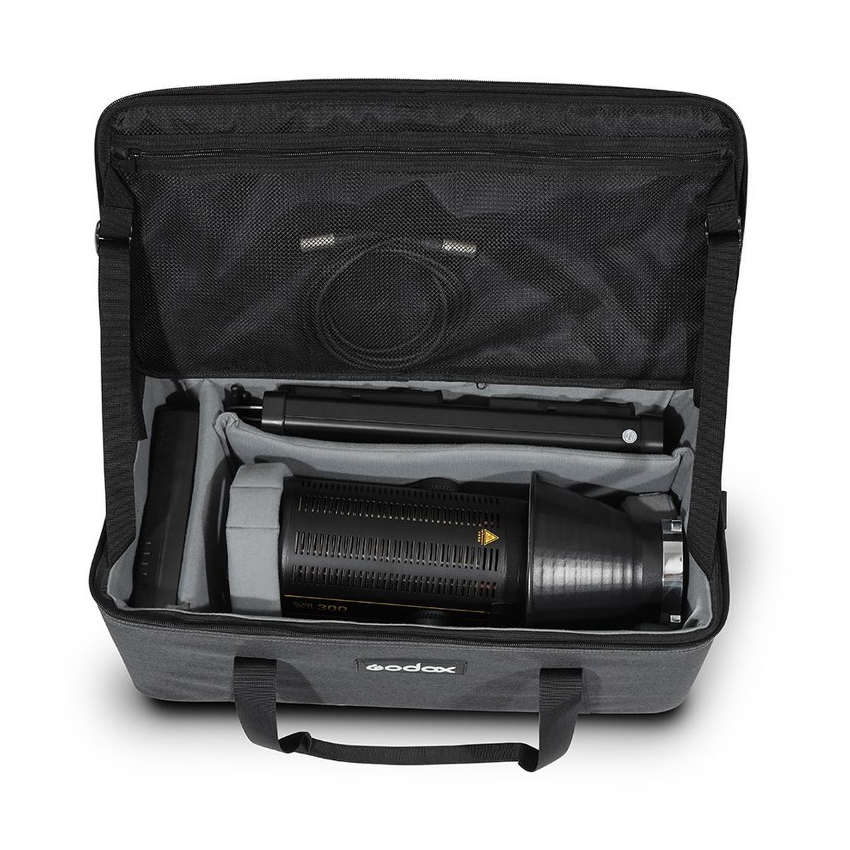 Godox CB-16 Tragetasche für VL LED-Licht - Lieferumfang: Godox VL300 Studioleuchte mit Zubehör in geöffneter Transporttasche.