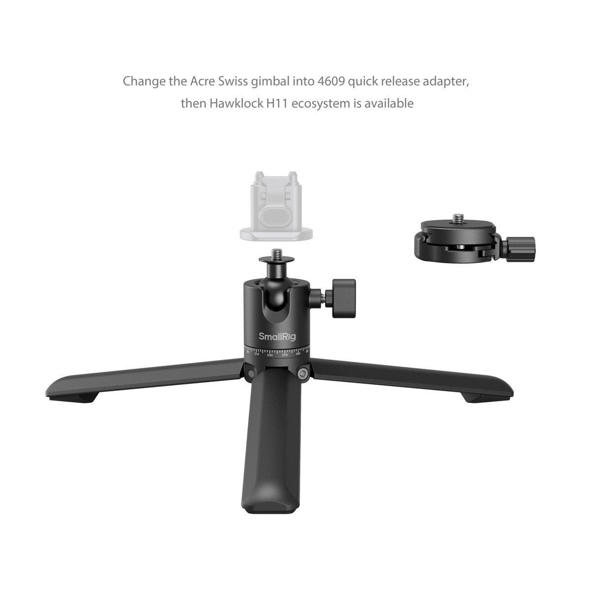 SmallRig 4630 Tischstativ aus Metall - Kompatibilitätsbeispiel: SmallRig Stativ mit Arca-Swiss auf 4609 Schnellwechselplatte für Hawklock H11