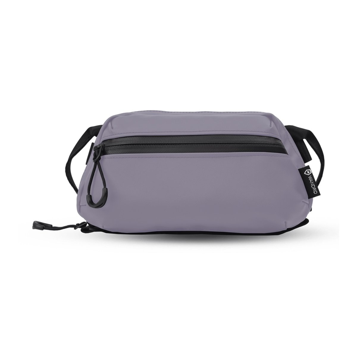 WANDRD Tech Bag Medium Uyuni Purple - Frontansicht einer grauen/lavendelfarbenen Tasche mit schwarzem Reißverschluss und Tragegurt.