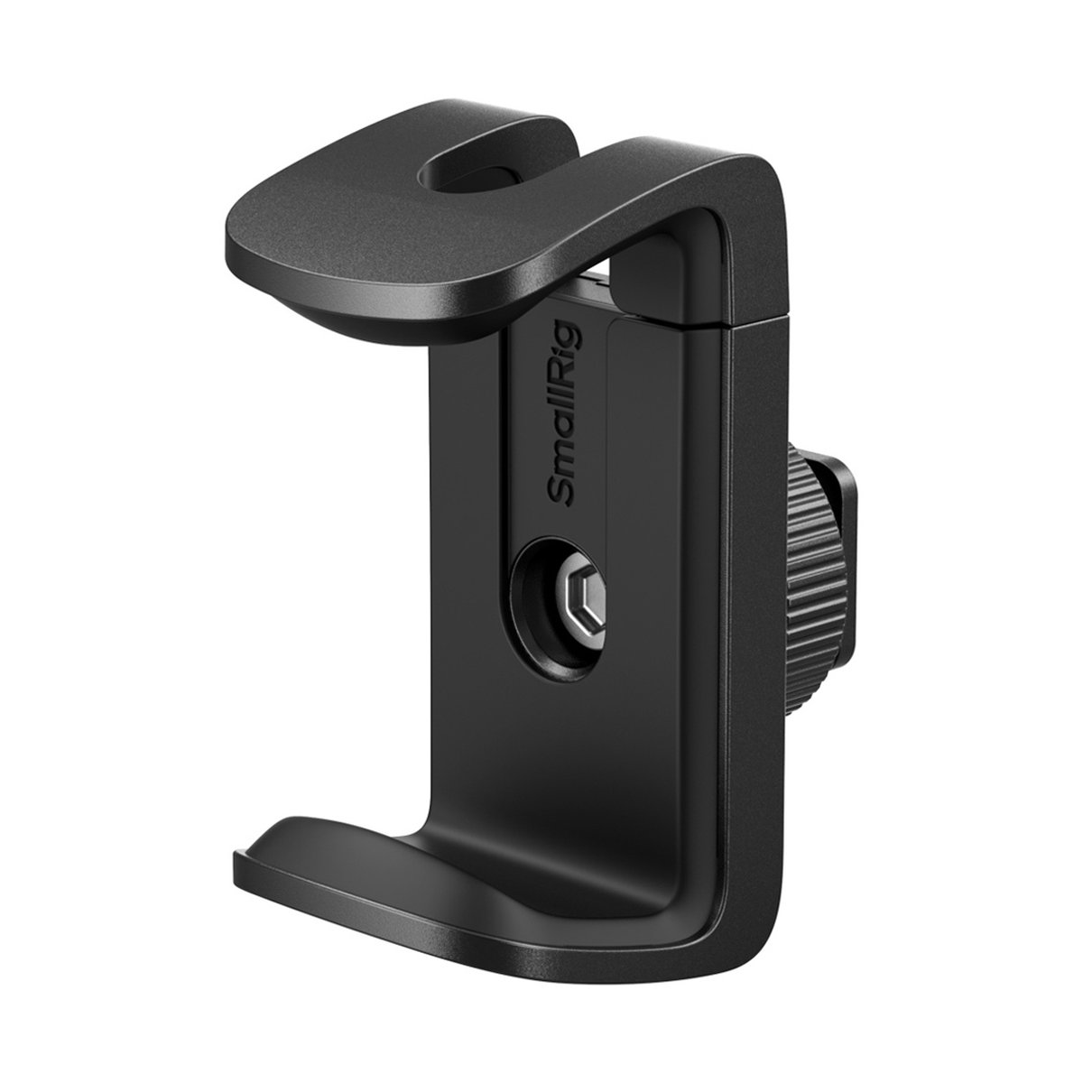 SmallRig 4600 Power Bank Clamp mit Cold Shoe Mount, Halterung - Schrägansicht eines schwarzen SmallRig Handy-Halters