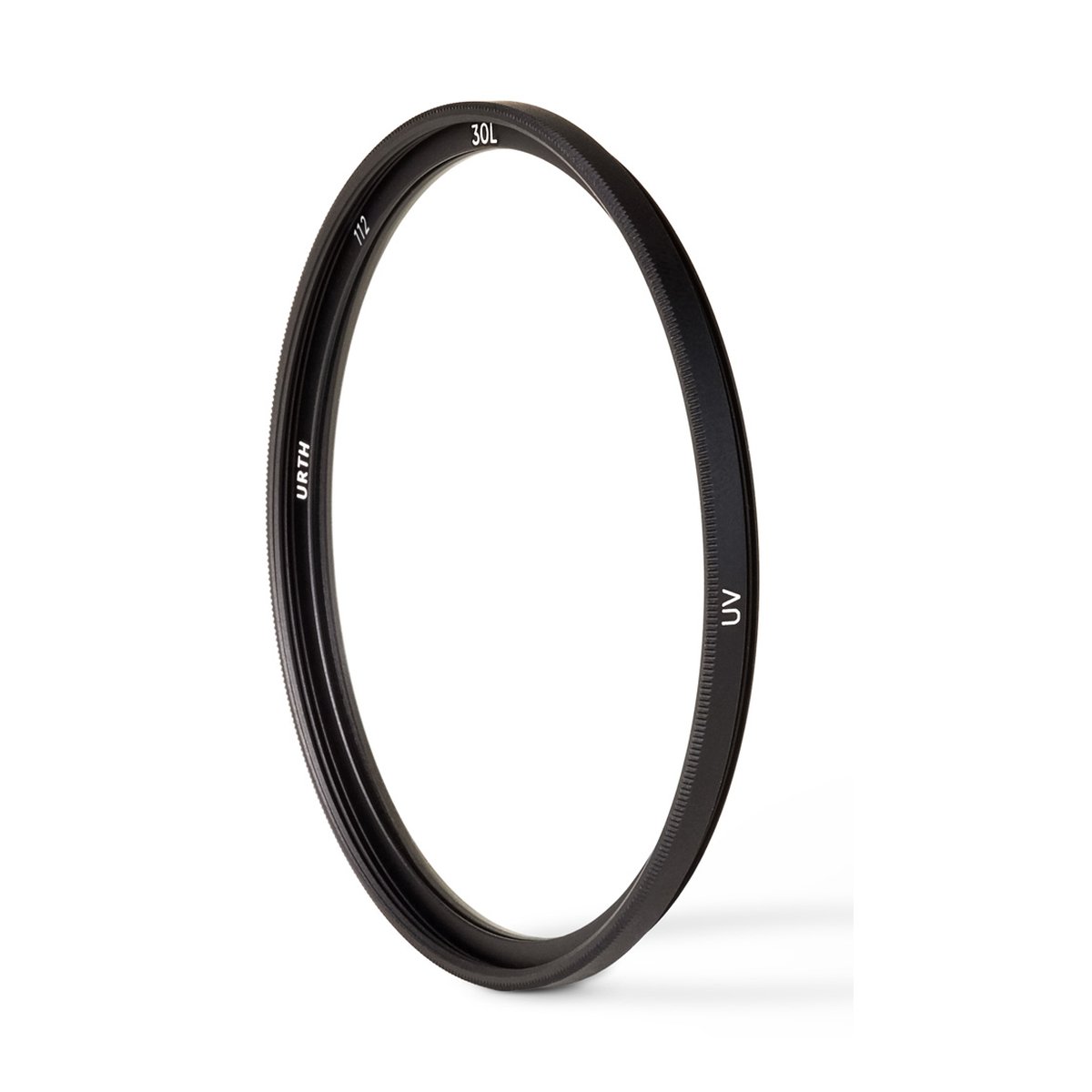 Urth 112mm UV-Objektivfilter (Plus +) - Schrägansicht des schwarzen Urth UV-Kamerafilters (112mm).