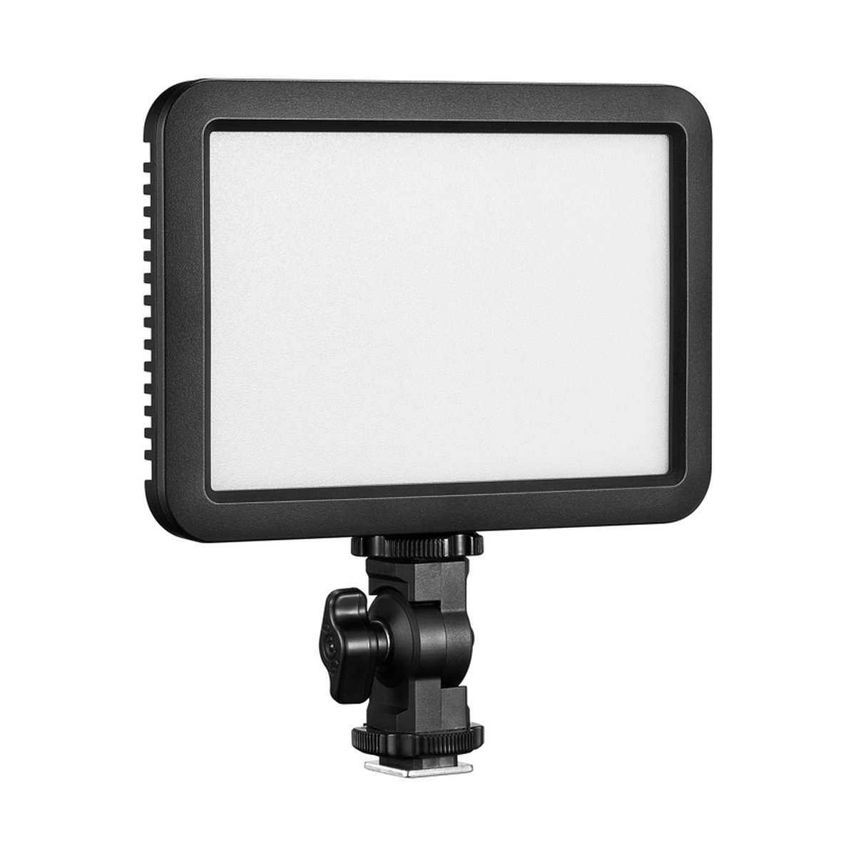 Godox LDP8Bi Streaming Slim Panel Light - Frontansicht einer leuchtenden LED-Videoleuchte mit Befestigungsadapter.