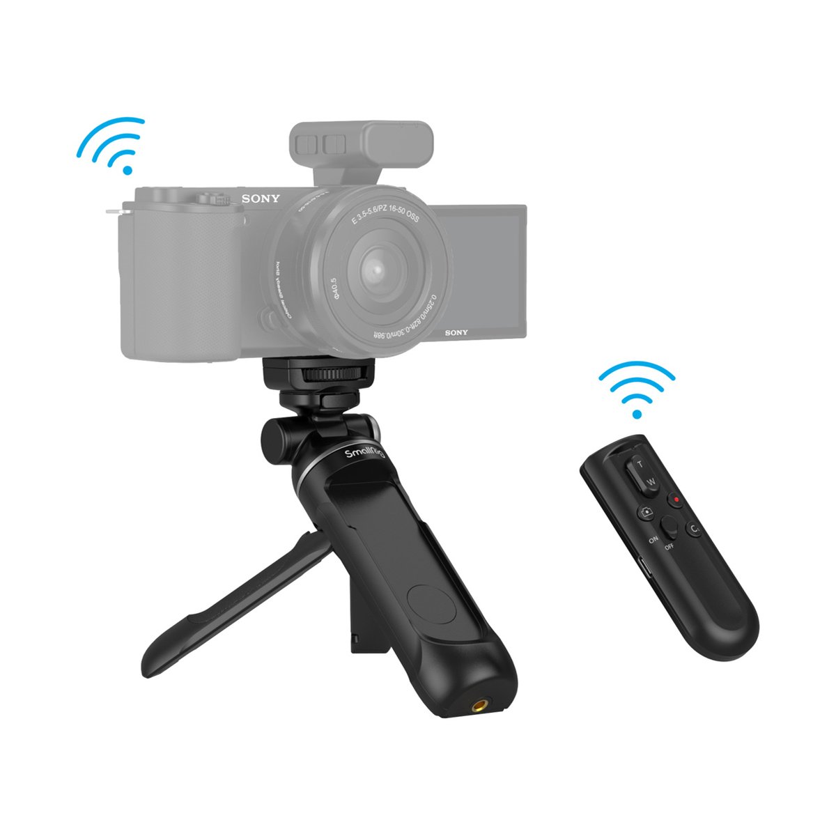 SmallRig 3326 SR-RG1 Aufnahmegriff mit kabelloser Fernbedienung - Anwendungsbeispiel: Kamera auf Stativ-Handgriff mit kabelloser Fernbedienung und Funksymbolen.