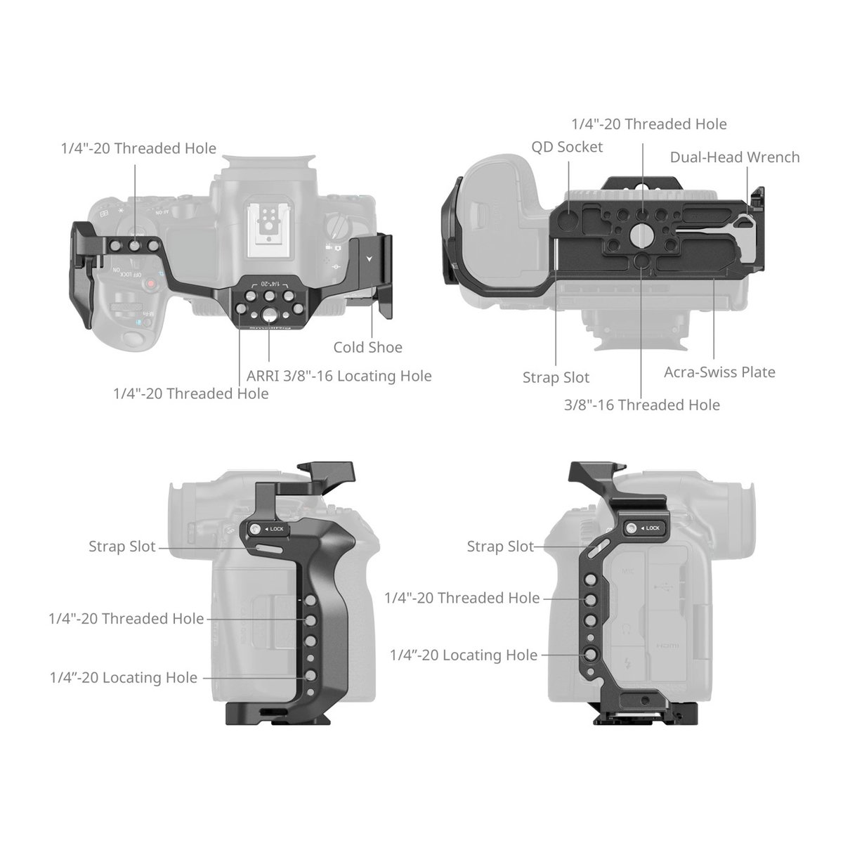 SmallRig 4978 Cage f. Canon EOS R5 II - Kamerakäfig: Übersicht aller Produktmerkmale und Befestigungspunkte in vier Detailansichten.