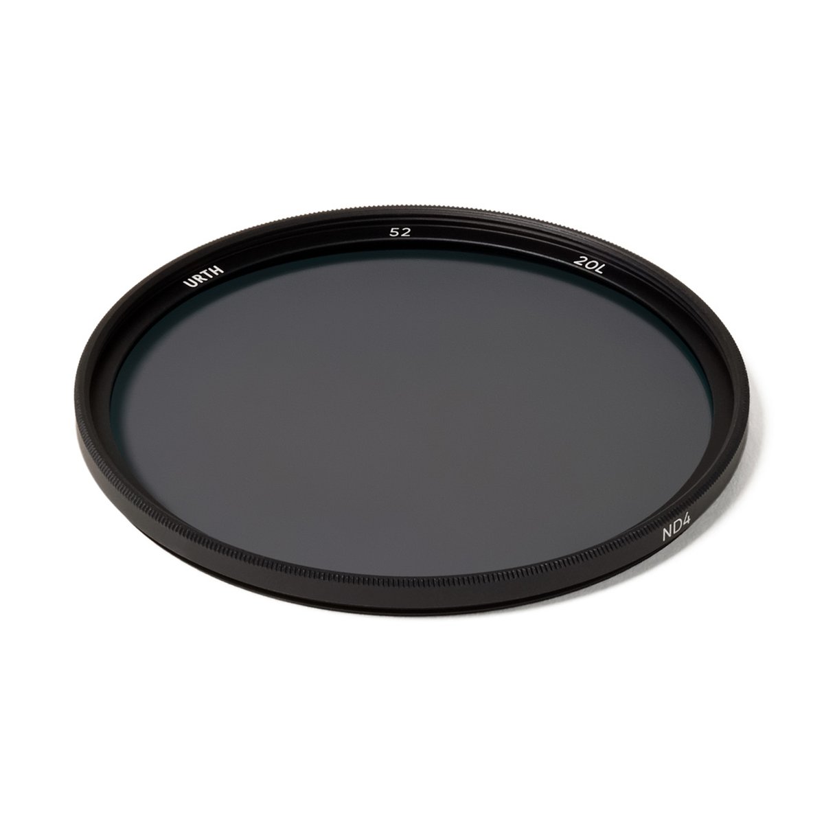 Urth 52mm ND4 (2 Blenden) Objektivfilter (Plus+) - Draufsicht Urth ND4 52mm Kamerafilter, schwarzer Rahmen, graues Glas.