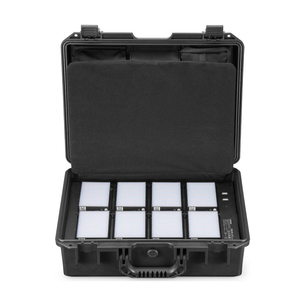 Godox C5R-K8 Mobile RGB LED 8 Light Kit with Charging Case - Lieferumfang: Offener schwarzer Hartschalenkoffer mit 8 integrierten LED-Leuchten.