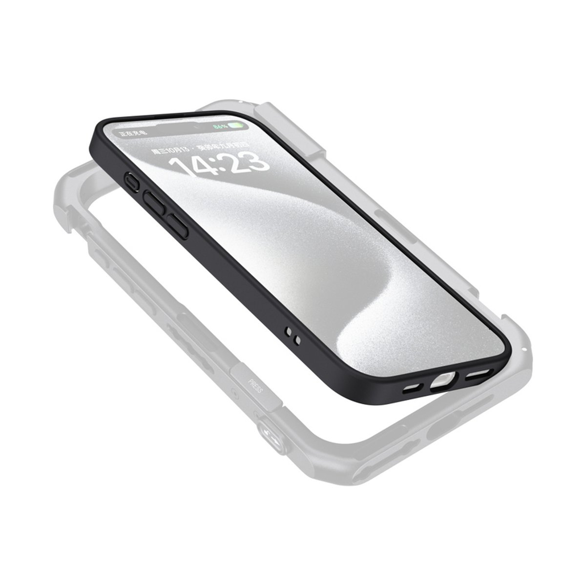 SmallRig 4987 FilMov Lightweight Photography Case Kit f.iPhone 16 Pro Max - Schwarzes Smartphone schwebt über transparenter Schutzhülle, zeigt detaillierte Passform.