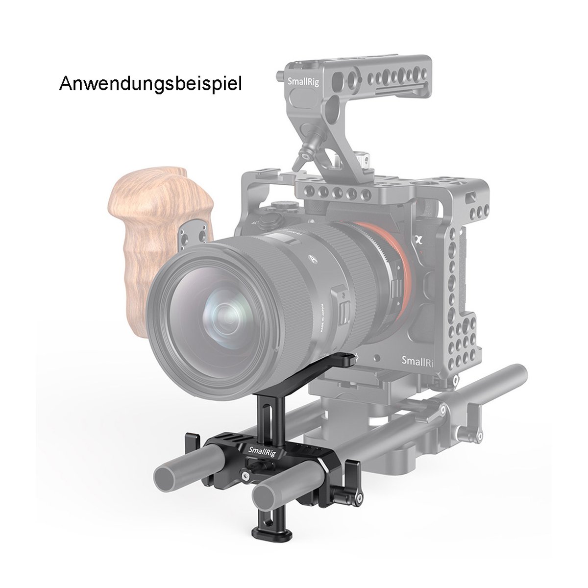 SmallRig 2681 LWS Universal Lens Support 15 mm - Anwendungsbeispiel: Kamera-Rig mit angebrachter Kamera auf Basisplatte.