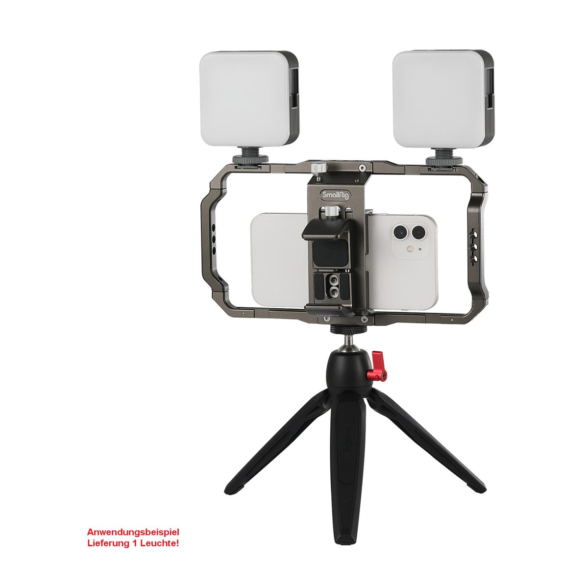 SmallRig 3286B Vibe P96 LED Video Light - Anwendungsbeispiel: Smartphone-Käfig mit Handy, zwei Videoleuchten und Tischstativ.