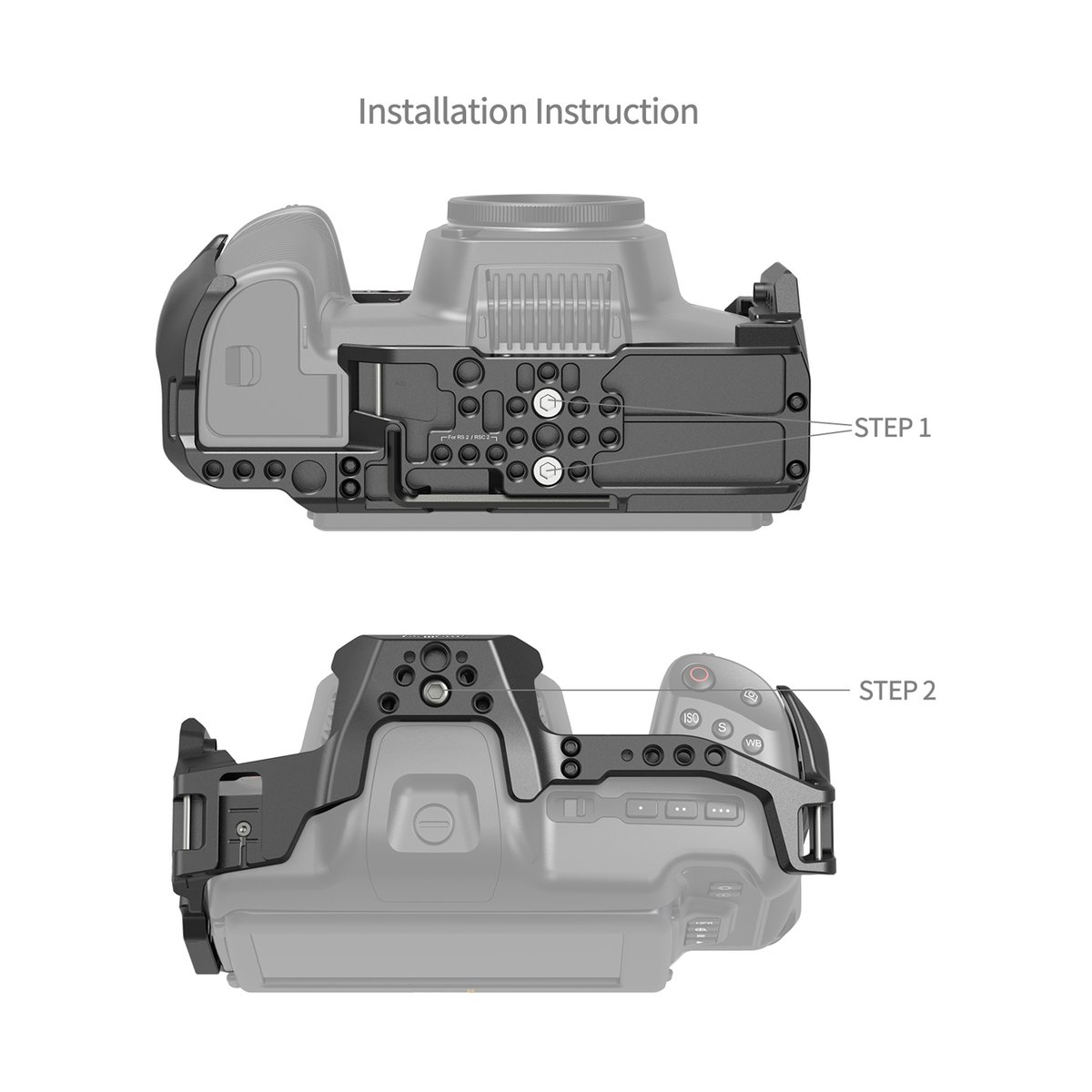 SmallRig 4785 Camera Cage f. BMCC 6K (Vollformat) - Anwendungsbeispiel: Installationsanleitung für Kamera-Cage am Kameragehäuse in zwei Schritten.