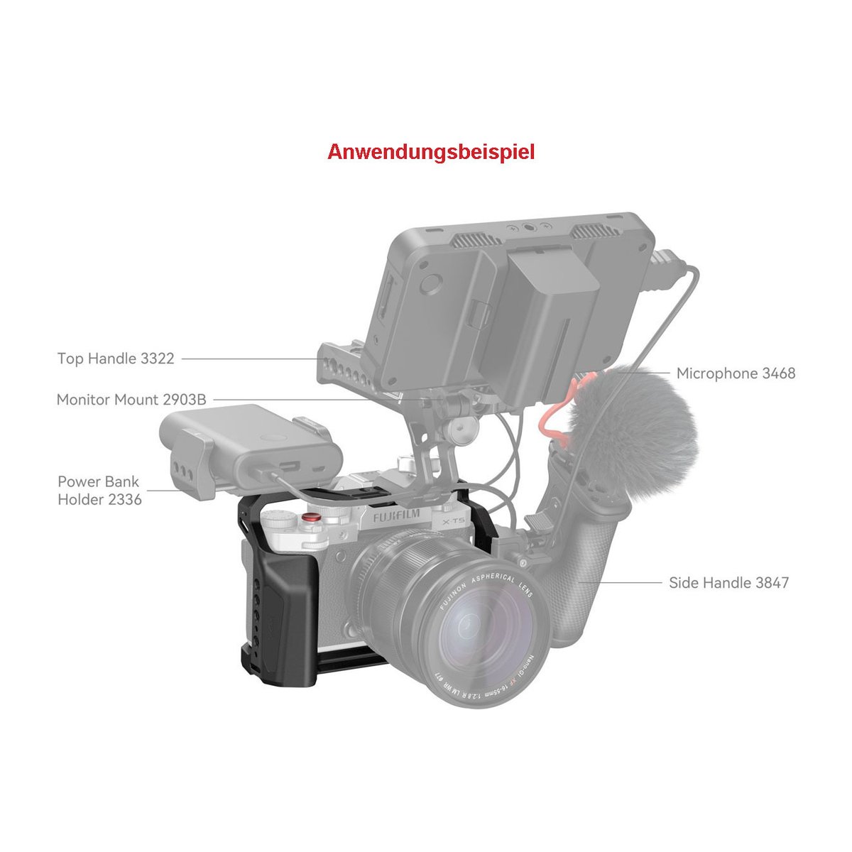 SmallRig 4135 Cage für Fujifilm X-T5 - Anwendungsbeispiel einer Kamera-Rig-Konfiguration mit montiertem Zubehör