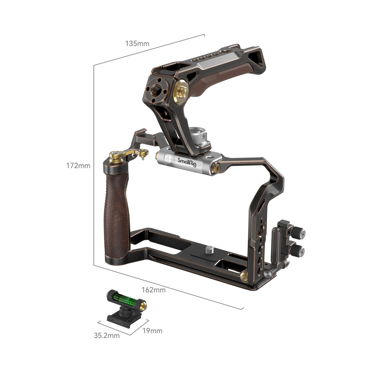 SmallRig 3872 Retro Handheld Cage Kit für Fujifilm X-T5 - Maße und Lieferumfang: SmallRig Kamera-Rig mit Griffen und inkl. Wasserwaage.