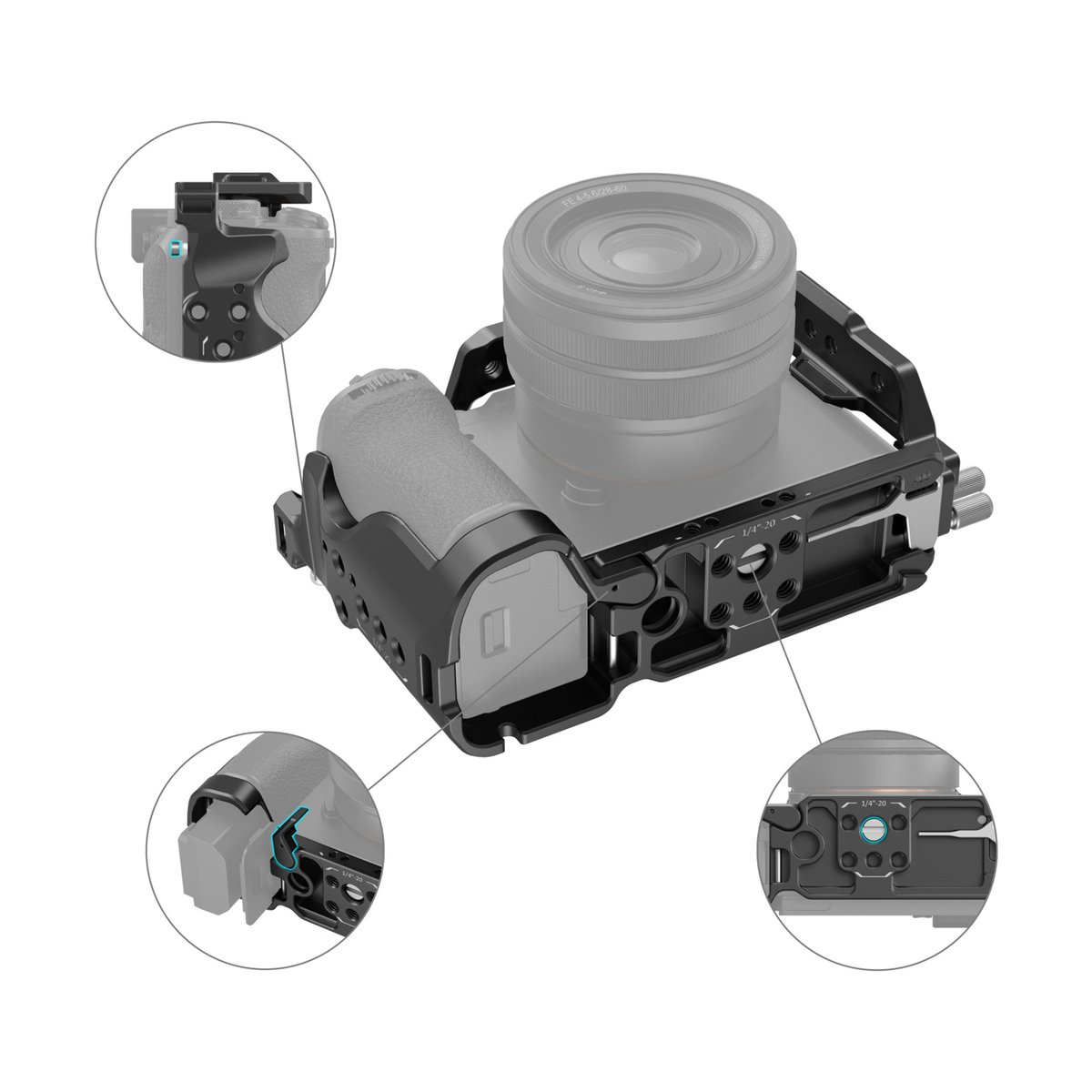 SmallRig 4422 Cage Kit für Sony Alpha 7C II/Alpha 7CR - Kamerakäfig auf Kamera montiert, mit Detailansichten von Zubehörschuh, Batteriefachzugang und Befestigungspunkten.