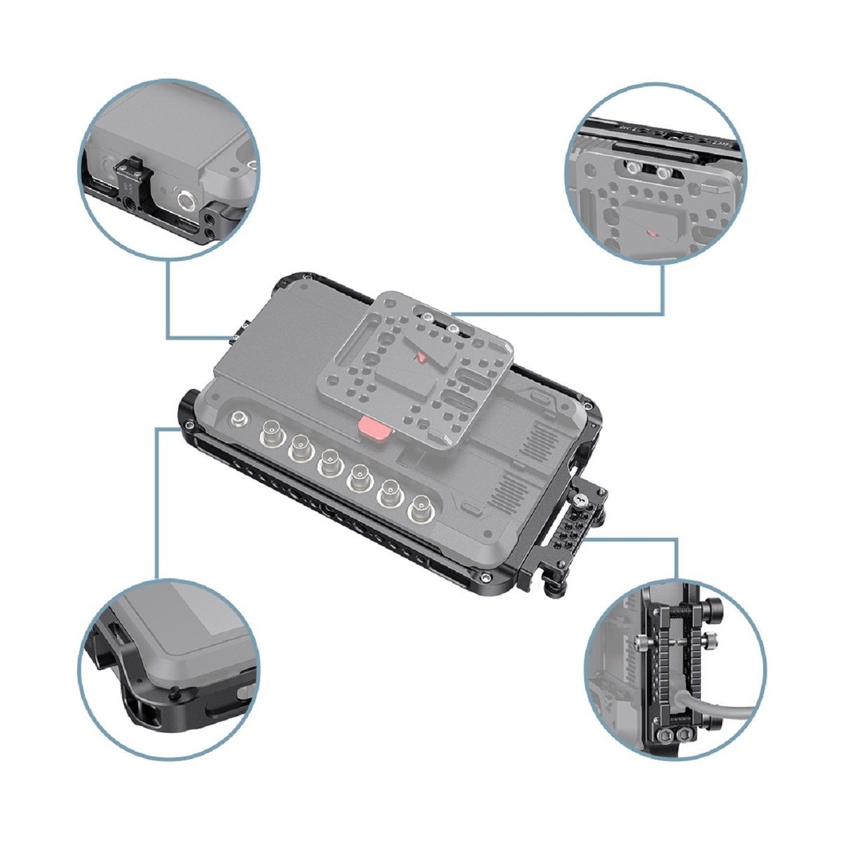 SmallRig 2409 Cage Kit und Sunhood für Atomos Shogun 7 - Detailansicht Monitor/Recorder-Gehäuse mit vergrößerten Anschlüssen und Montagepunkten