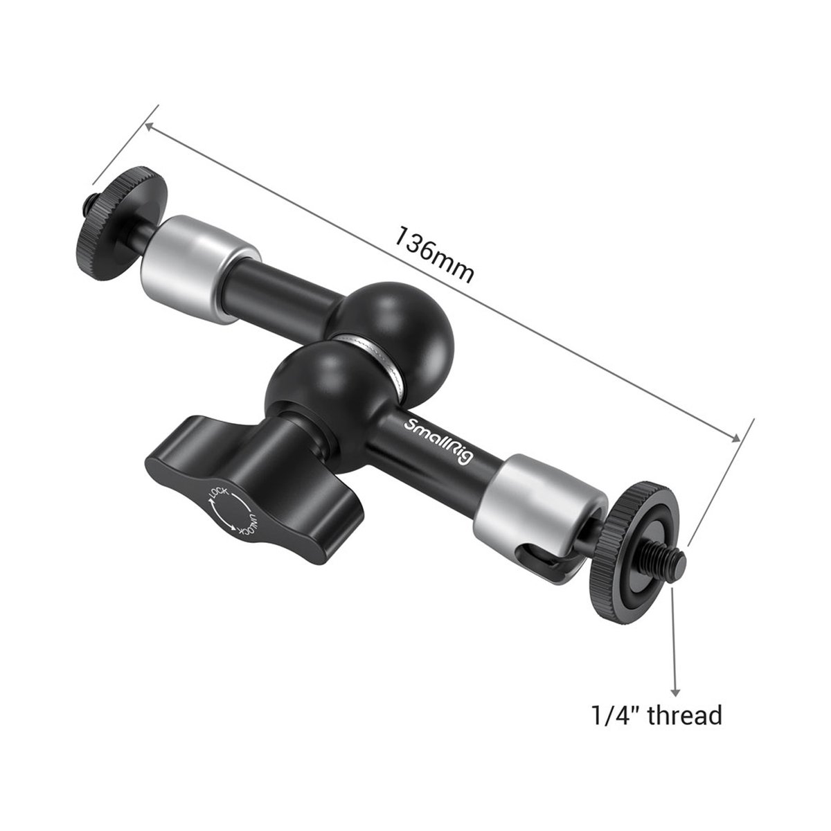 SmallRig 2065B Gelenkarm - SmallRig Magic Arm: Detailansicht mit Maßen (136mm) und 1/4 Zoll Gewinde.