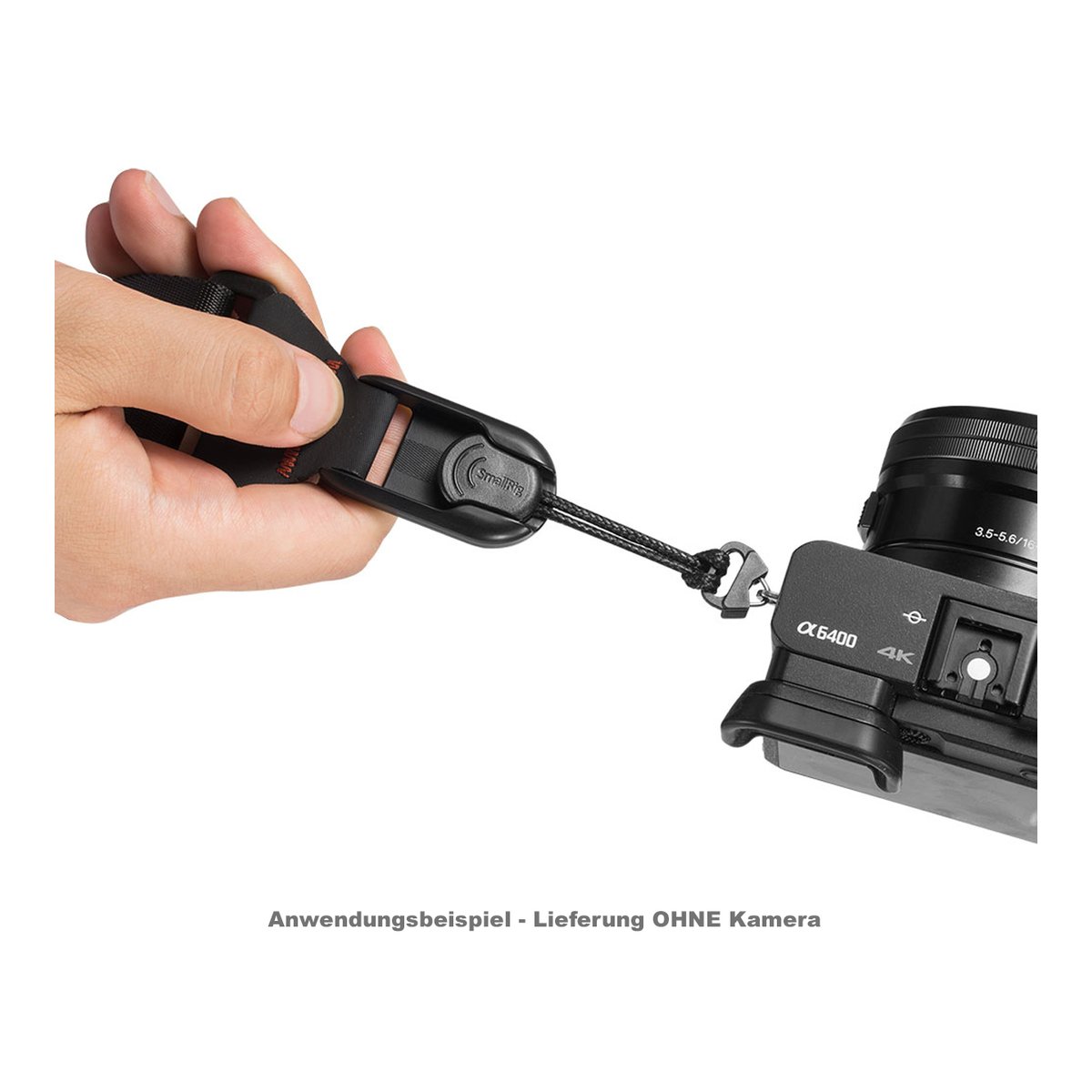 SmallRig 2428 Camera Shoulder Strap - Anwendungsbeispiel des Kamera-Handgelenksriemens, an Kamera befestigt.