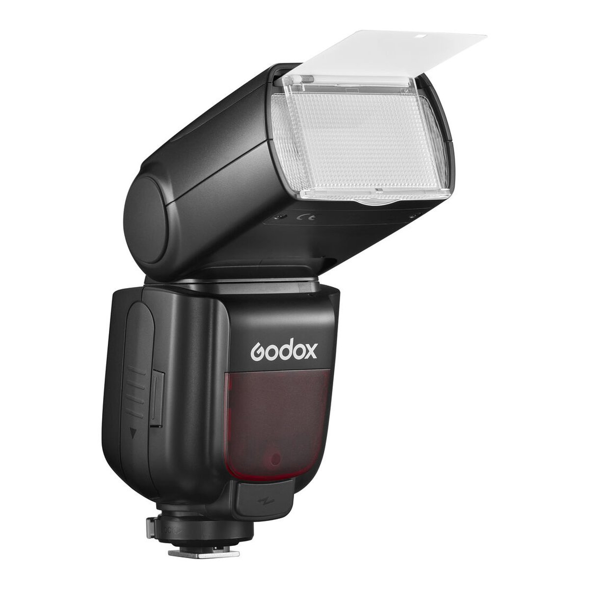 Godox Speedlite TT685 II Fuji - Godox Kamerablitz, schräge Frontansicht mit ausgefahrenem Reflektor und Diffusor.