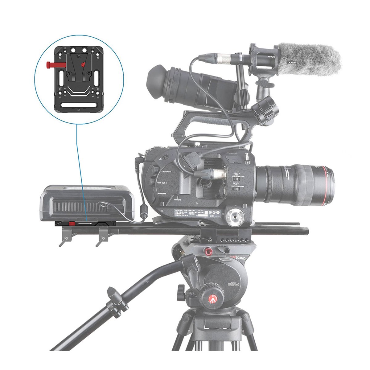 SmallRig 2988 V-Mount-Akku-Adapterplatte - Anwendungsbeispiel der Akkuplatte an einer Videokamera, Detailansicht der Akkuplatte im Inset. SmallRig 2988 V-Mount-Akku-Adapterplatte - Anwendungsbeispiel der Akkuplatte an einer Videokamera, Detailansicht der Akkuplatte im Inset.