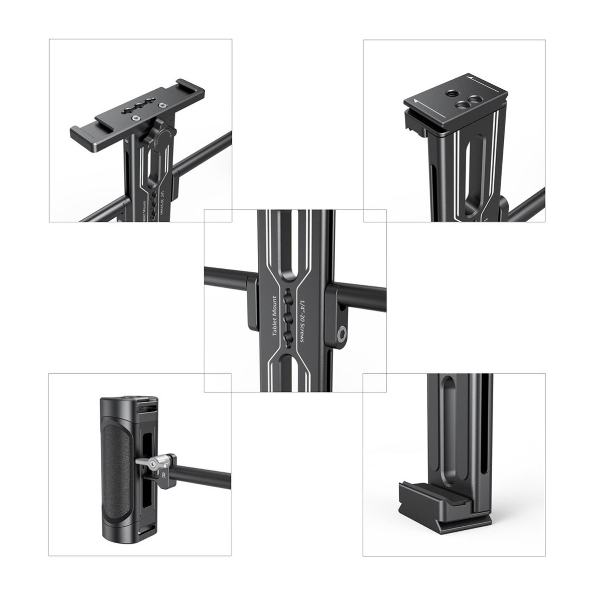 SmallRig 2929B Tablet Halterung mit Doppelgriff für iPad - Mehrere Detailansichten eines Tablet-Mount-Systems mit Griff und 1/4"-20 Schrauben.