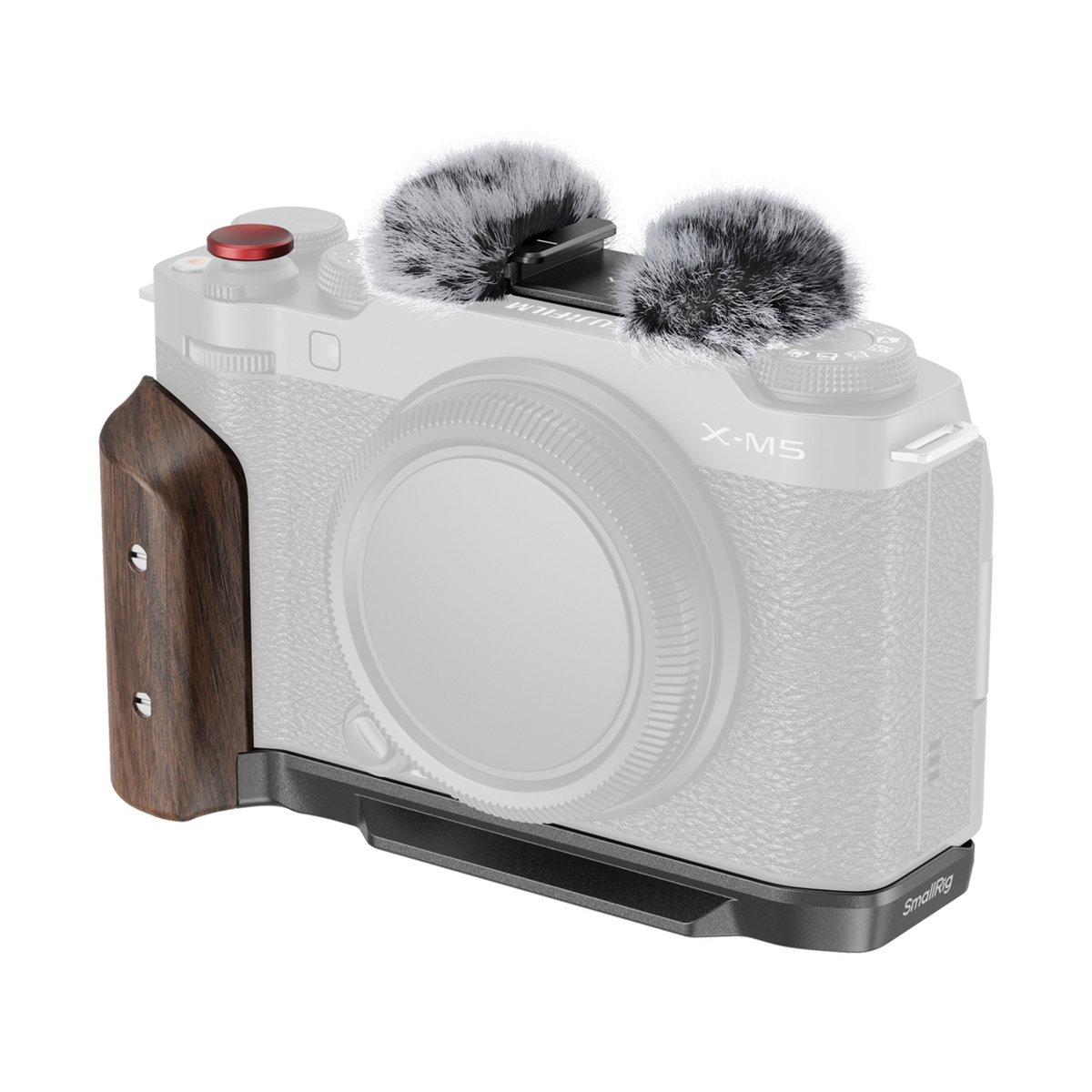 SmallRig 5260 L-förmige Montageplatte mit Holzgriff, schwarz, für FUJIFILM X-M5 - Seitenansicht der Kamera mit Holzgriff, SmallRig Bodenplatte und Mikrofon