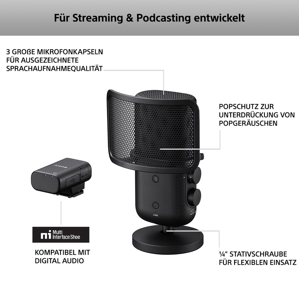 Produktinformationen des Sony ECM-S1  zusammen mit einem Bild des Mikrofons