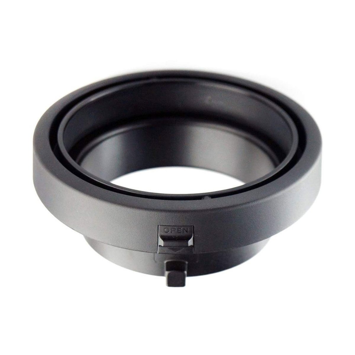 Godox Bowens auf Elinchrom Mount Adapter - Schwarzer Objektivadapter: Ansicht von oben mit 'OPEN'-Verschluss.