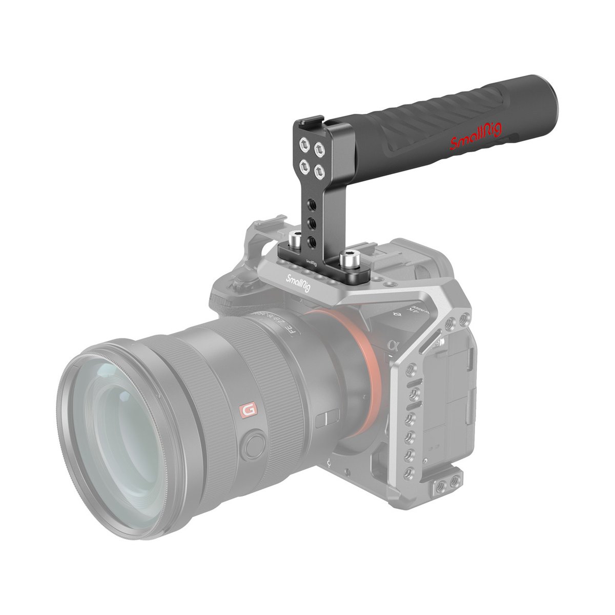 SmallRig 1446C Topgriff (Gummi) - Anwendungsbeispiel: SmallRig Top-Handle auf Kamerakäfig montiert.